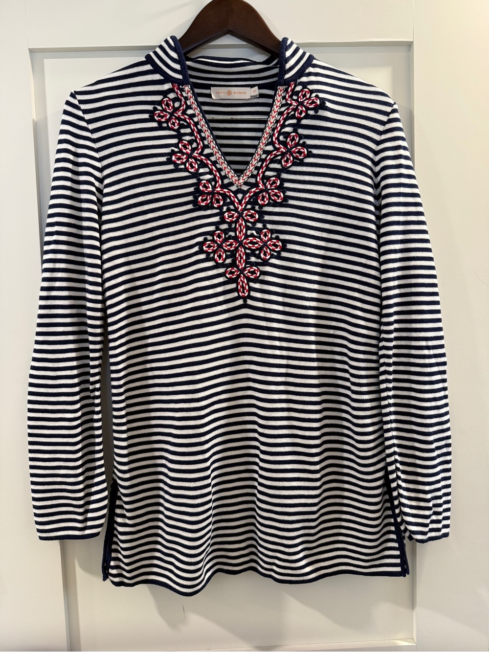 Tory Burch Kamata Tunic- Navy & White Stripe with Red Detail